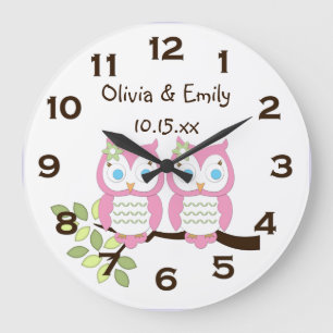Cute Whimsical Girl Pink Owl Twins Wall Clock