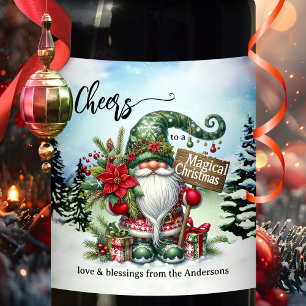 Cute Whimsical Gnome Magical Christmas Wine Label