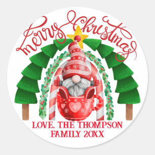 Cute Whimsical Gnome Merry Christmas Tree Rainbow Classic Round Sticker