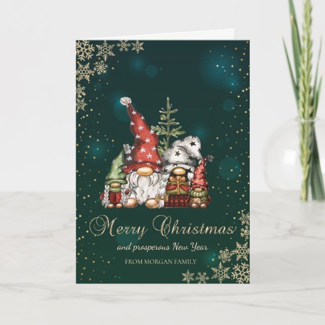 Cute Whimsical Gnomes Family Snowflakes Holiday Card (Front)