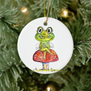 Cute Whimsical Green Frog on Toadstool Ceramic Ornament