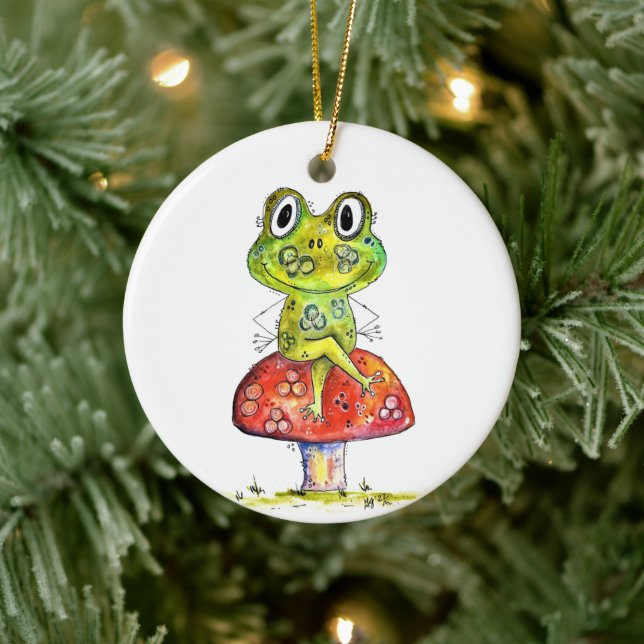Cute Whimsical Green Frog on Toadstool Ceramic Ornament (Tree)