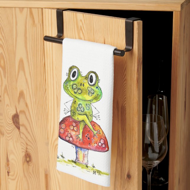 Cute Whimsical Green Frog on Toadstool Kitchen Towel (Thirds Fold)