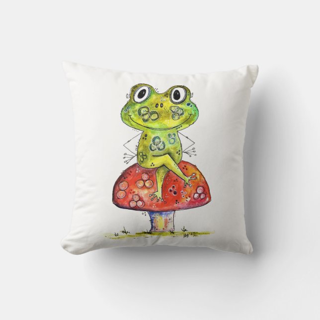 Cute Whimsical Green Frog on Toadstool Throw Pillow (Front)