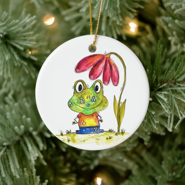 Cute Whimsical Green Frog Under a Red Flower Ceramic Ornament (Tree)