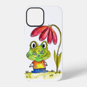 Cute Whimsical Green Frog Under a Red Flower iPhone 12 Case