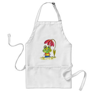 Cute Whimsical Green Frog Under a Red Flower Standard Apron