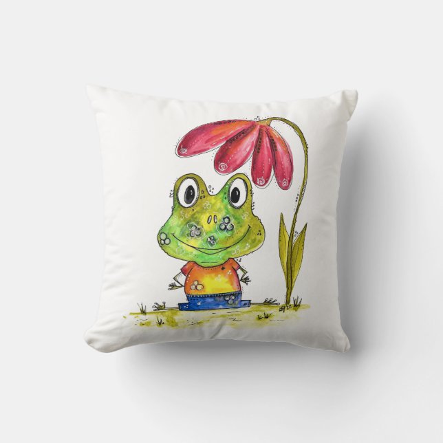 Cute Whimsical Green Frog Under a Red Flower Throw Pillow (Front)