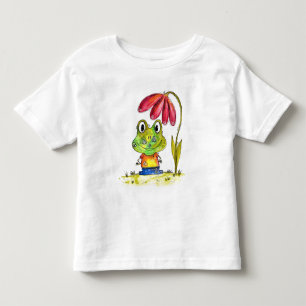 Cute Whimsical Green Frog Under a Red Flower Toddler T-shirt