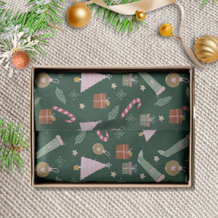 Cute Whimsical Green Pink Winter Holiday Pattern Tissue Paper