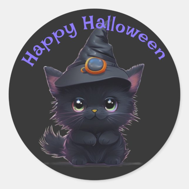 Cute whimsical Halloween black cat Classic Round Sticker (Front)