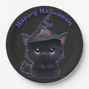 Cute whimsical Halloween black cat Paper Plate