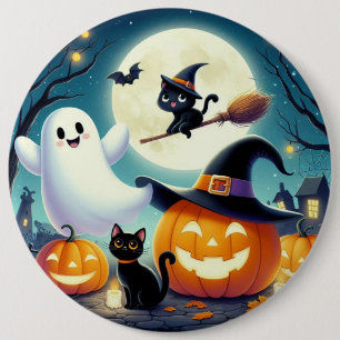 Cute, whimsical Halloween pumpkin, cat, & ghost 6 Inch Round Button