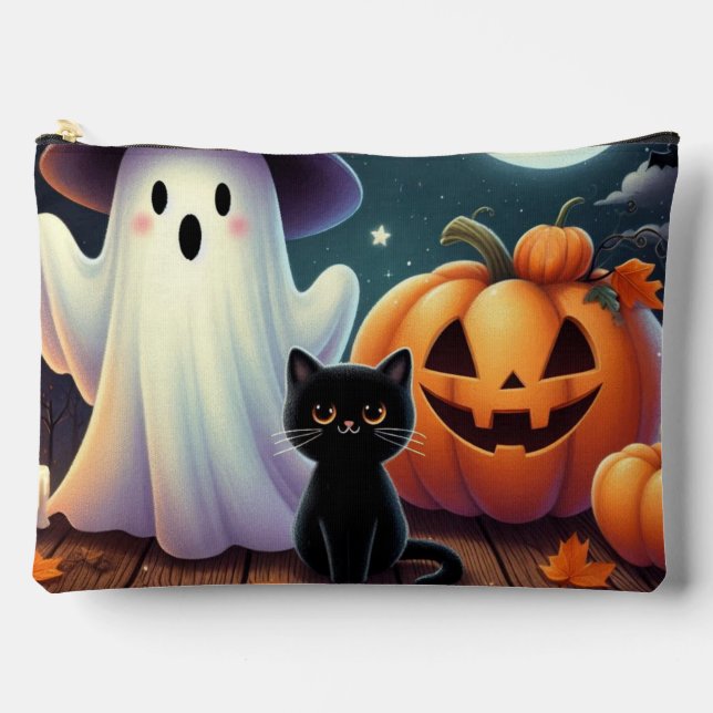 Cute, whimsical Halloween pumpkin, cat, & ghost Accessory Pouch (Front)