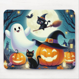 Cute, whimsical Halloween pumpkin, cat, & ghost Mouse Pad