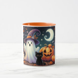 Cute, whimsical Halloween pumpkin, cat, & ghost Mug