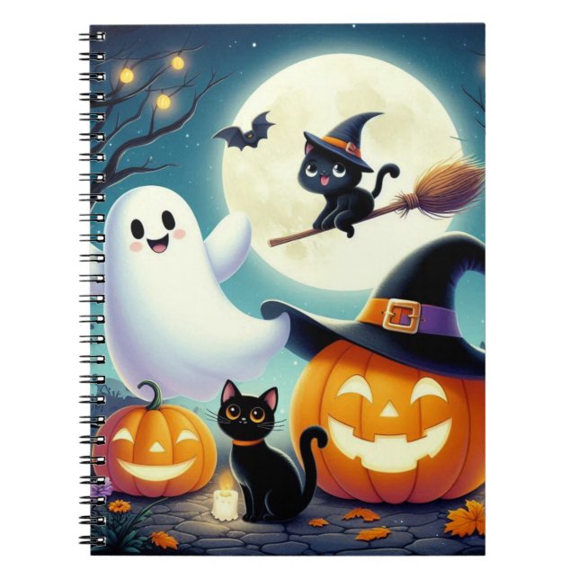 Cute, whimsical Halloween pumpkin, cat, & ghost Notebook (Front)