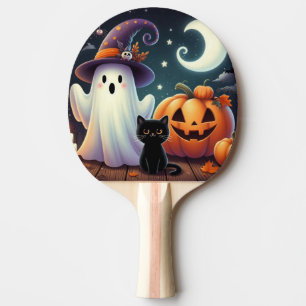 Cute, whimsical Halloween pumpkin, cat, & ghost Ping Pong Paddle