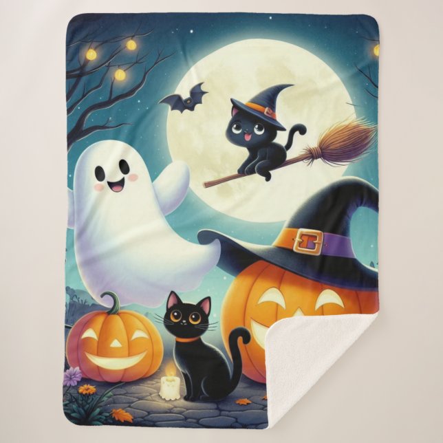 Cute, whimsical Halloween pumpkin, cat, & ghost Sherpa Blanket (Front)
