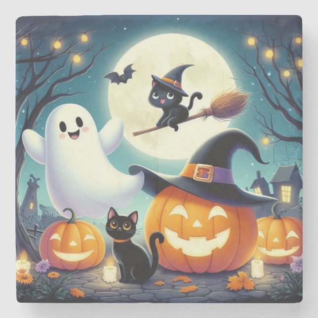 Cute, whimsical Halloween pumpkin, cat, & ghost Stone Coaster (Front)