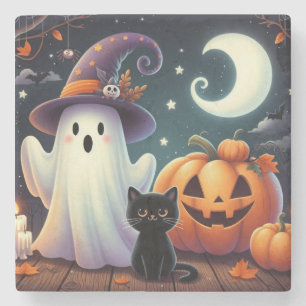 Cute, whimsical Halloween pumpkin, cat, & ghost Stone Coaster