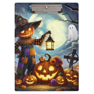Cute, Whimsical Halloween scarecrow & pumpkins Clipboard