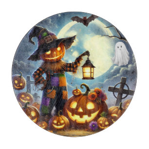 Cute, Whimsical Halloween scarecrow & pumpkins Cutting Board