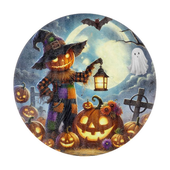 Cute, Whimsical Halloween scarecrow & pumpkins Cutting Board (Front)