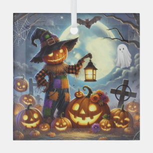 Cute, Whimsical Halloween scarecrow & pumpkins Glass Ornament