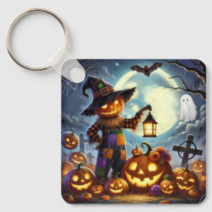 Cute, Whimsical Halloween scarecrow & pumpkins Keychain