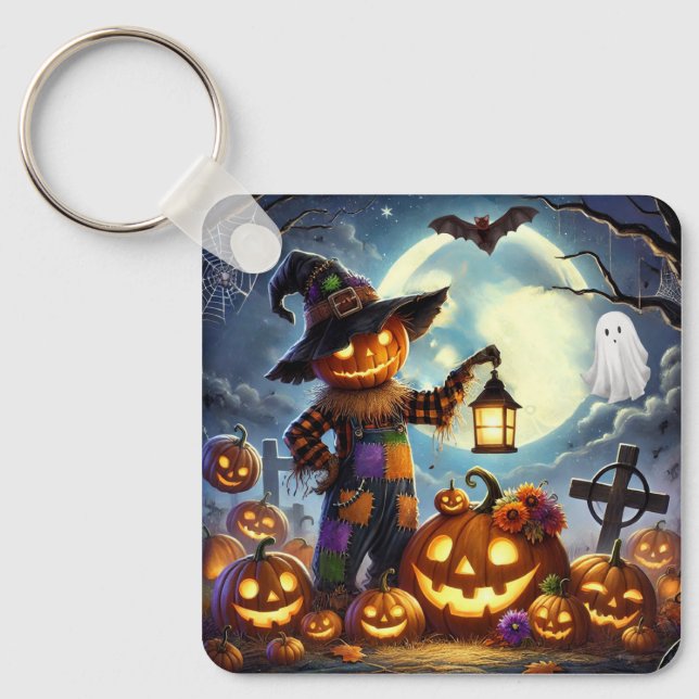 Cute, Whimsical Halloween scarecrow & pumpkins Keychain (Front)