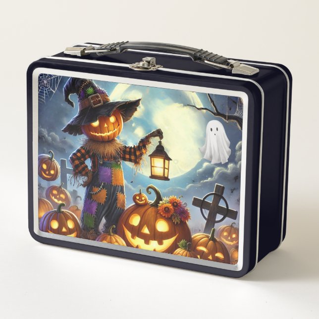 Cute, Whimsical Halloween scarecrow & pumpkins Metal Lunch Box (Front)