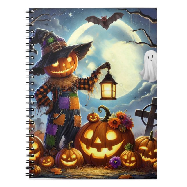 Cute, Whimsical Halloween scarecrow & pumpkins Notebook (Front)