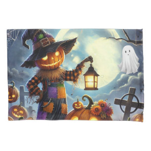 Cute, Whimsical Halloween scarecrow & pumpkins Pillowcase