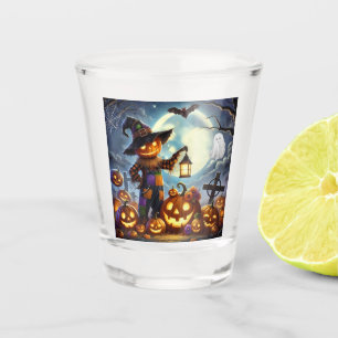 Cute, Whimsical Halloween scarecrow & pumpkins Shot Glass