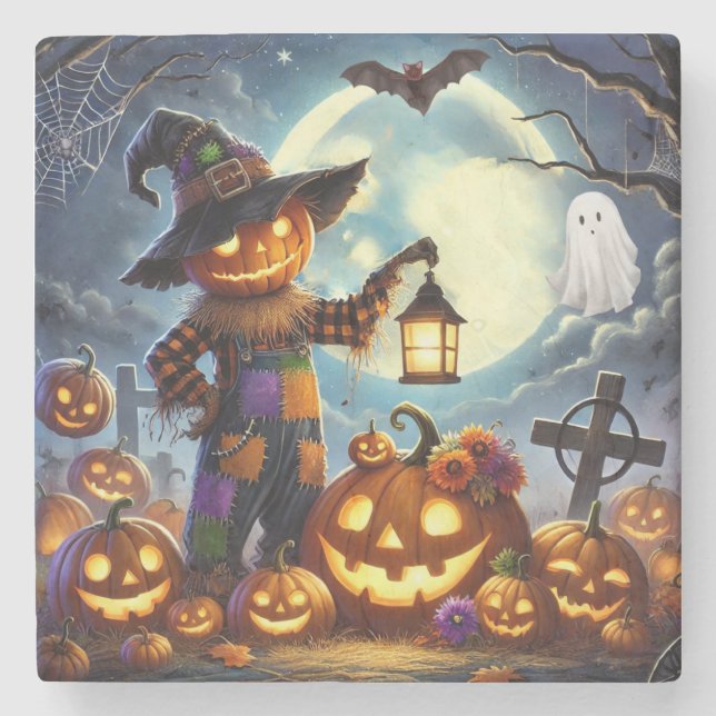 Cute, Whimsical Halloween scarecrow & pumpkins Stone Coaster (Front)
