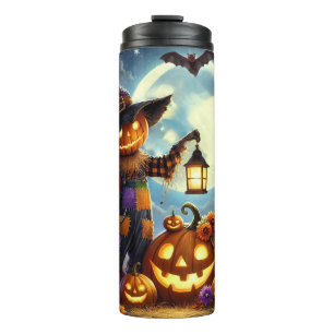 Cute, Whimsical Halloween scarecrow & pumpkins Thermal Tumbler