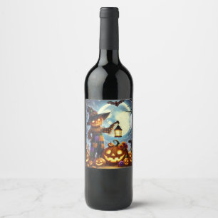 Cute, Whimsical Halloween scarecrow & pumpkins Wine Label