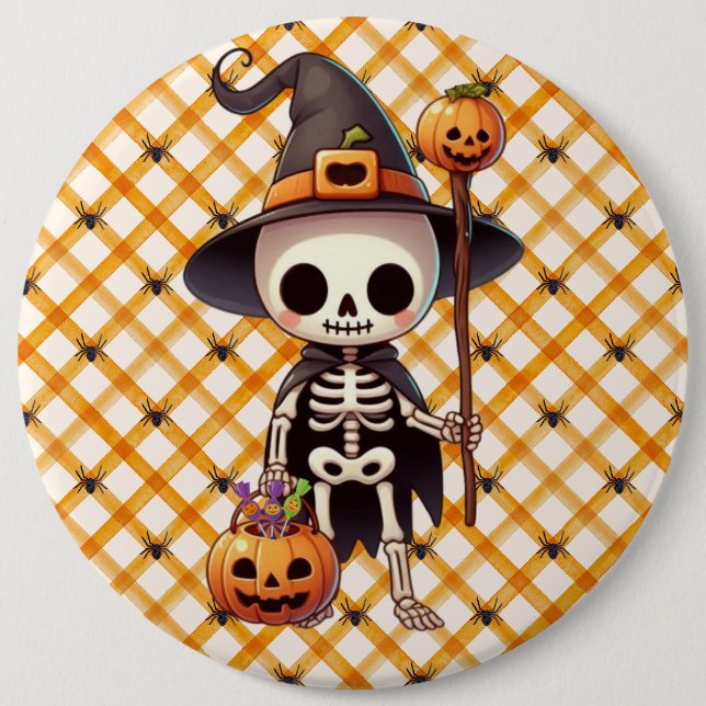 Cute, Whimsical Halloween skeleton 6 Inch Round Button (Front)