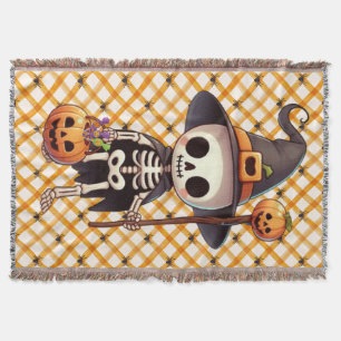 Cute, Whimsical Halloween skeleton Throw Blanket
