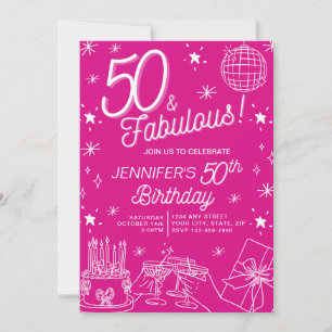 Cute Whimsical Hand Drawn 50 And Fabulous Birthday Invitation