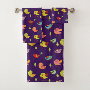 Cute Whimsical Hand-Drawn Birds Pattern Bath Towel Set