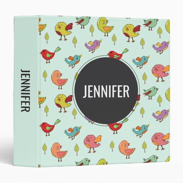 Cute Whimsical Hand-Drawn Birds Pattern Binder (Front/Spine)