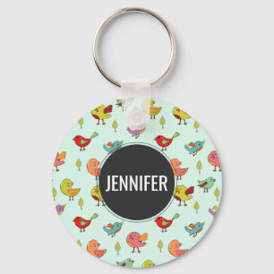 Cute Whimsical Hand-Drawn Birds Pattern Keychain