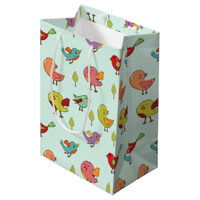 Cute Whimsical Hand-Drawn Birds Pattern Medium Gift Bag (Front Angled)