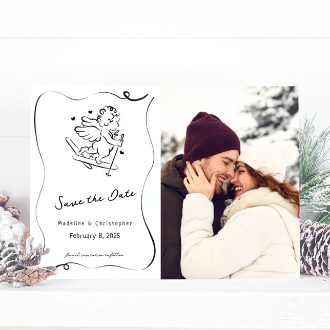 Cute Whimsical Hand Drawn Cupid Ski Winter Wedding Save The Date (Creator Uploaded)