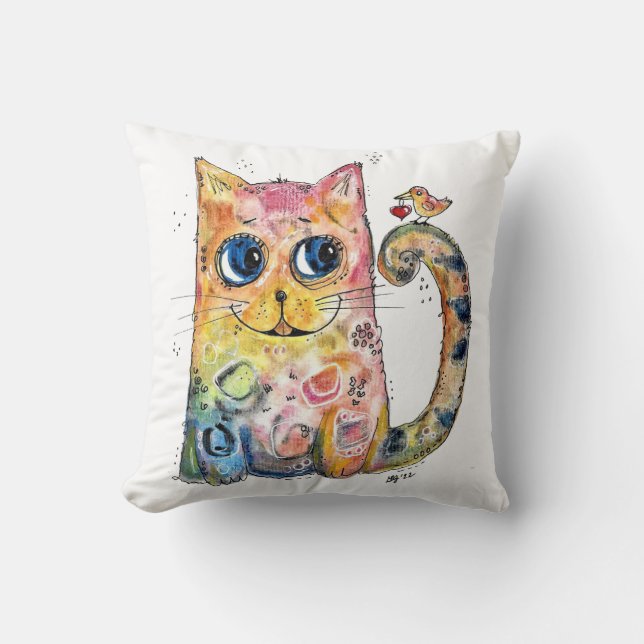 Cute Whimsical Happy Cat with Bird Throw Pillow (Front)
