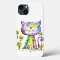 Cute Whimsical Happy Cat with Yellow Flower