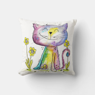 Cute Whimsical Happy Cat with Yellow Flowers Throw Pillow