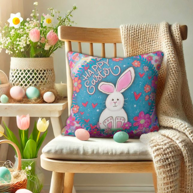 Cute Whimsical Happy Easter Bunny Inspirivity   Throw Pillow (Creator Uploaded)